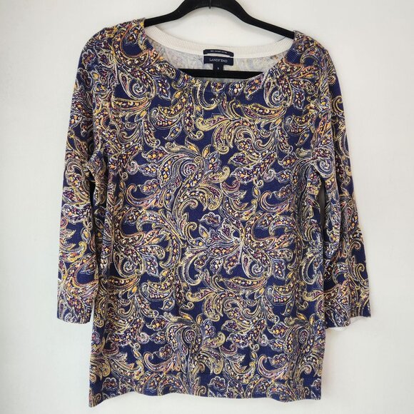 Lands End 100% Supima Cotton Navy Blue Paisley Crewneck Sweater S (6-8) - Picture 1 of 7